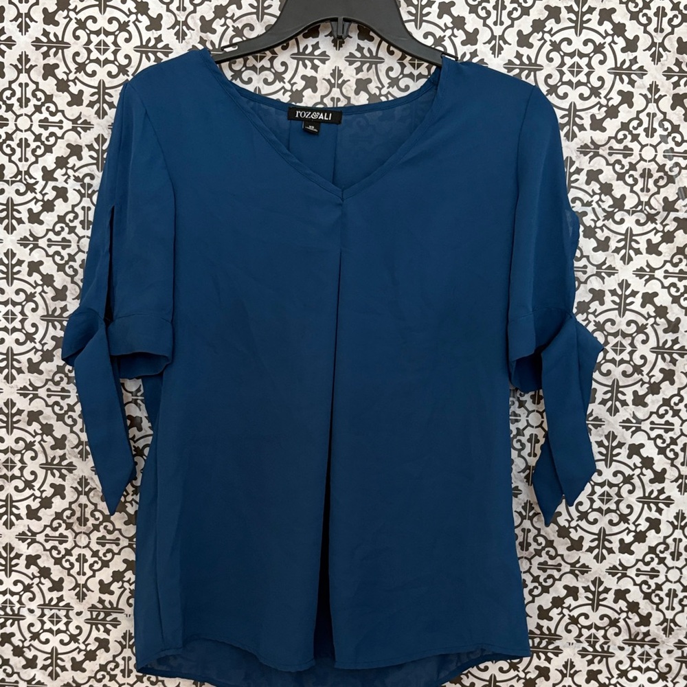 Roz & Ali Deep Blue Blouse with Tie Sleeves